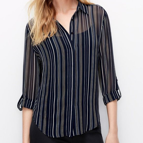 NEW Ann Taylor Sheer Striped XXL Navy/Multi Blouse - Picture 1 of 12
